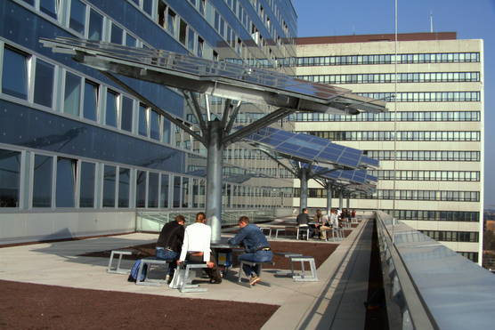 
                Photovoltaik "Sunbrellas": Eine Photovoltaik-Anlage, die wie ein Sonnenschirm aufgebaut ist, wobei die Kollektoren den Schirm bilden. Die Schirme stehen auf der Dachterrasse eines Hochhauses. Unter dem Schirm, im Schatten, sitzt eine Gruppe Studierender an  Textarbeit. 
            