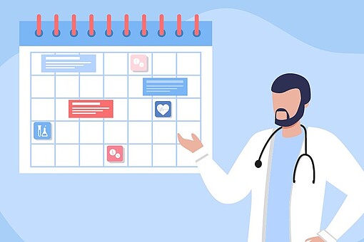 
                Arzt mit Stetoskop zeigt auf Terminwand
            