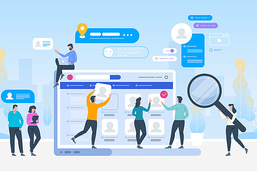 
                Mehrere gezeichnete Personen stehen vor einem großen Bildschirm, eine Person davon trägt eine Lupe.
            