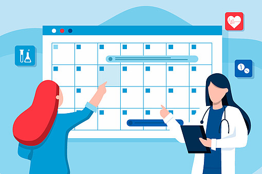 
                Zwei Frauen stehen vor einer Terminwand und zeigen darauf
            