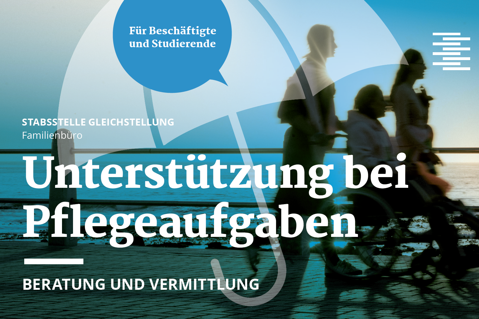 
                Das Bild zeigt die Frontseite eines Flyers mit dem Titel "Unterstützung bei Pflegeaufgaben" des Familienbüros der HAW Hamburg.
            