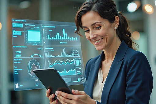 
                Frau schaut auf Tablet und neben ihr ein Bildschirm mit Grafiken
            