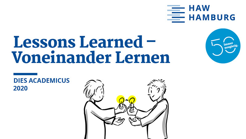 Dies Academicus der HAW Hamburg Logo des Dies Academicus "Lessons Learned" Schriftzug, zwei Menschen stehen sich gegenüber
