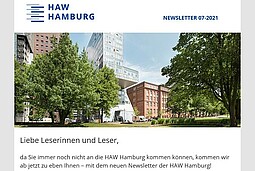 Newsletter der HAW Hamburg
Ansicht des Newsletters mit Logo, Bild des Campus Berliner Tor und Intor