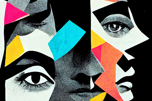 
                Verzerrte kantige Gesichter in verschiedenen Farben
            